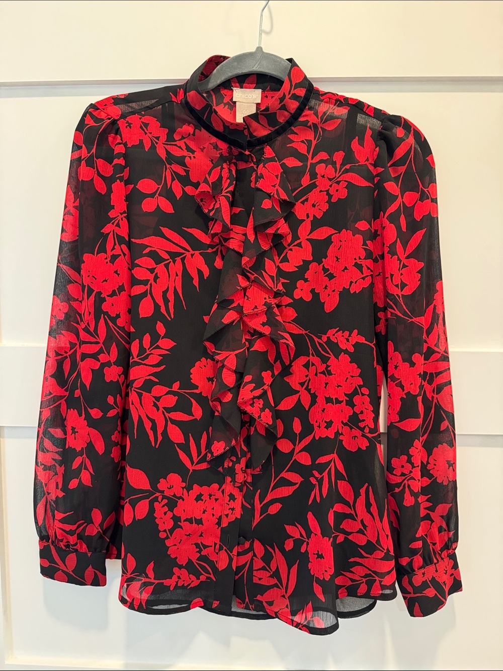 Chico's Black Blouse with Bold Red Floral Ruffle Front w/camisole